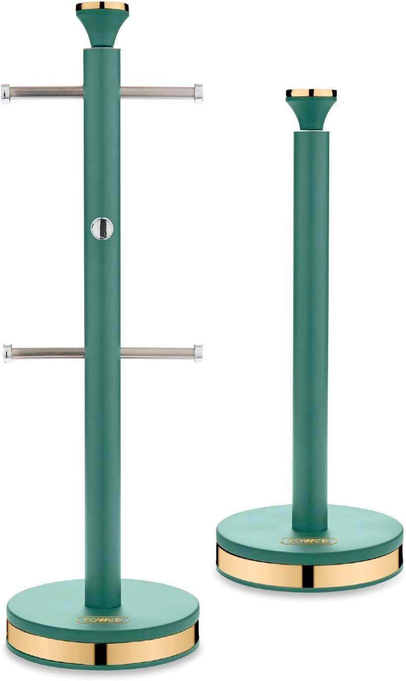 Jade mug tree and towel pole set with two horizontal bar arms and round teal bases