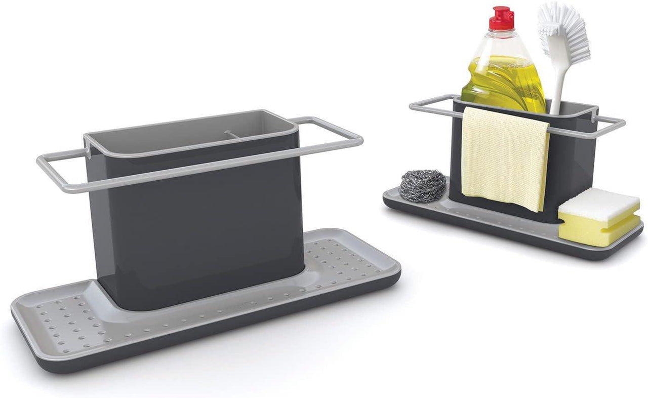 Grey kitchen sink caddy organizer with draining tray and cleaning items