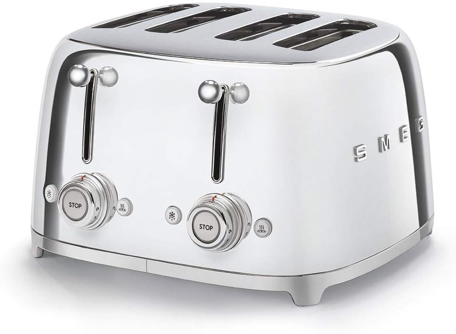 SMEG Silver 4 Slice Toaster Wide Slots Polished Stainless Steel TSF03SSUK