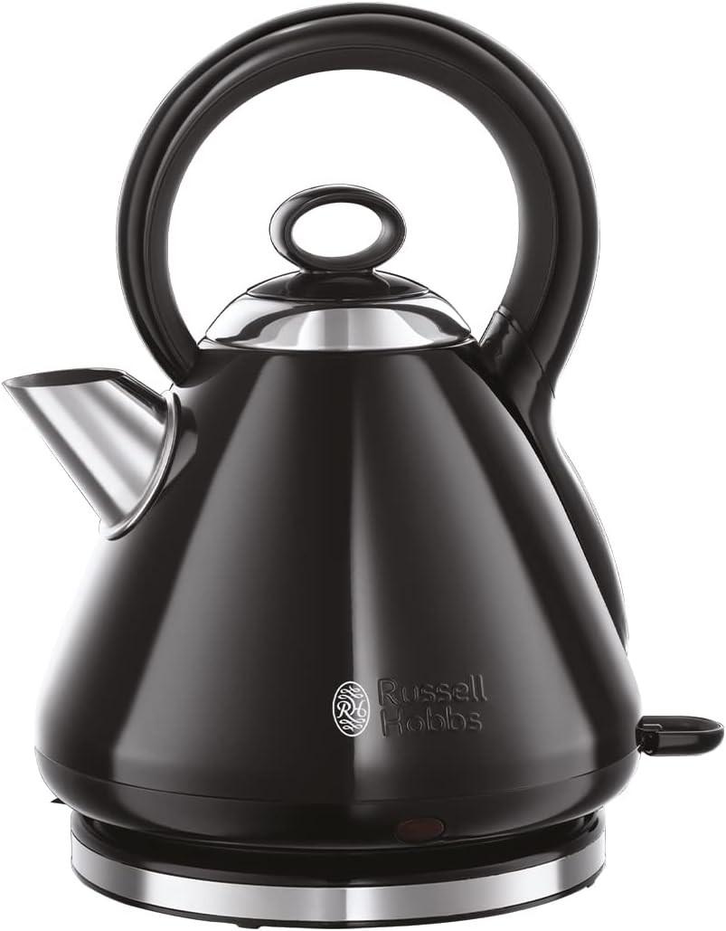 Black pyramid electric kettle with curved handle and stainless steel spout
