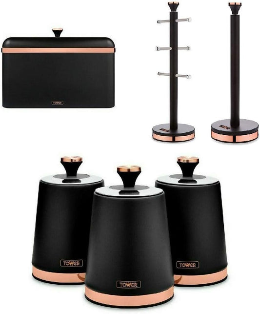 Tower Cavaletto Bread Bin, Canisters, Towel Pole & Mug Tree Kitchen Set (Black)