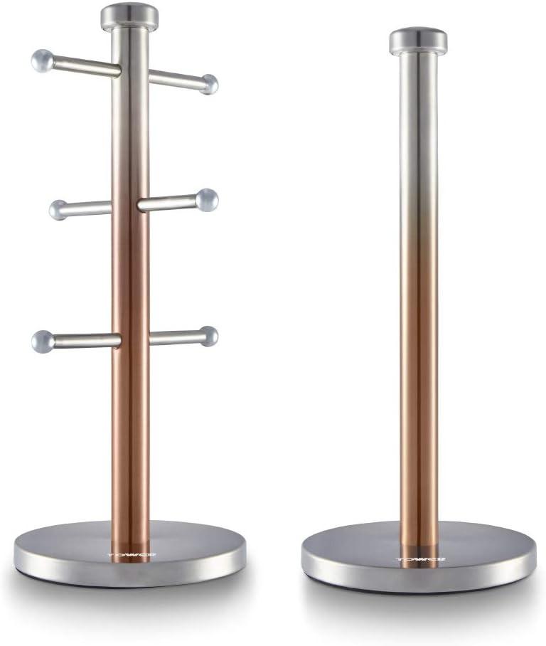 Two copper mug tree poles with horizontal bars and round metal bases, front view