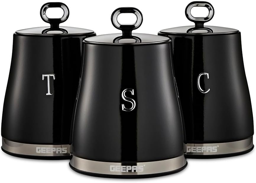 GEEPAS Retrovive Tea, Coffee & Sugar Canisters Set GCS63082UK-BK (Black)