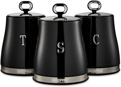 GEEPAS Retrovive Tea, Coffee & Sugar Canisters Set GCS63082UK-BK (Black)