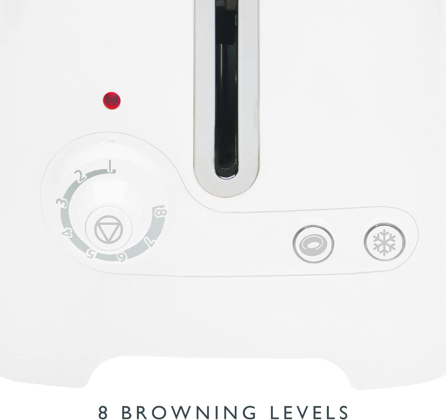 White toaster control panel with temperature dial and side buttons, close-up