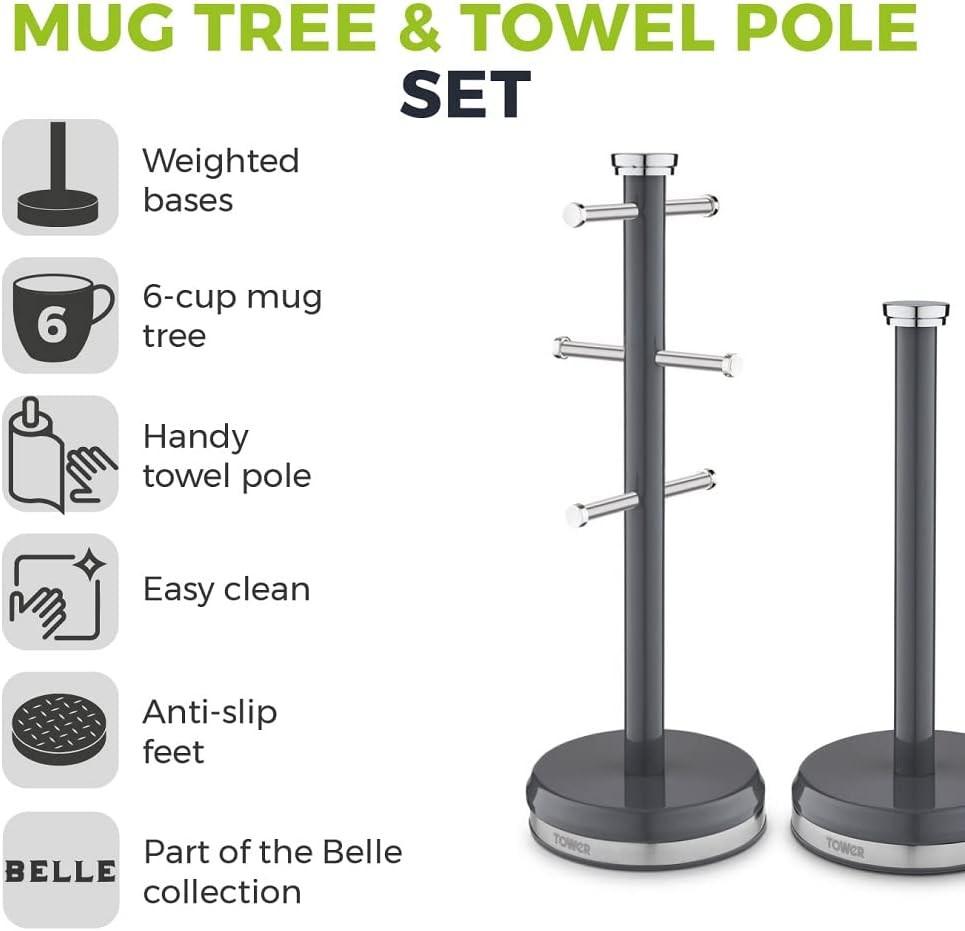 Mug tree and towel pole set with weighted bases, towel pole, and anti-slip feet