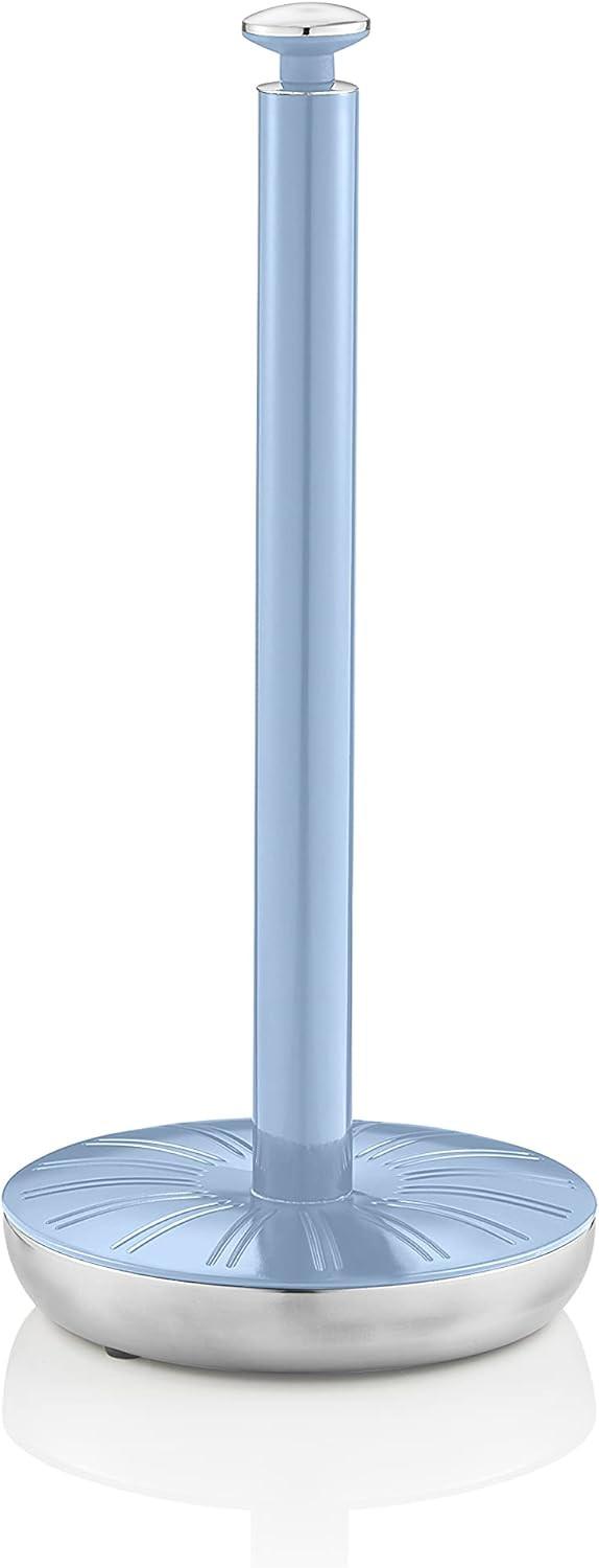 Blue towel pole stand with round base and ring-pattern tray insert