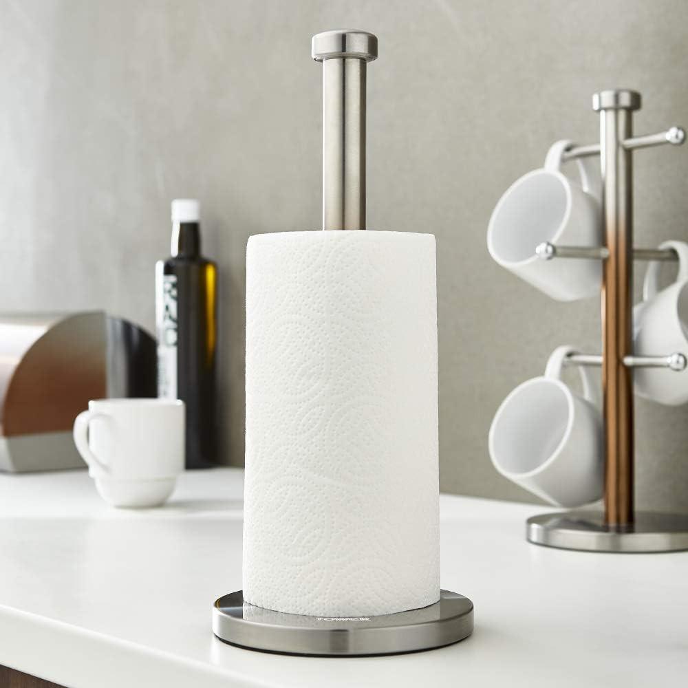 Copper towel pole and mug tree with paper towel holder and four mug hooks on round base