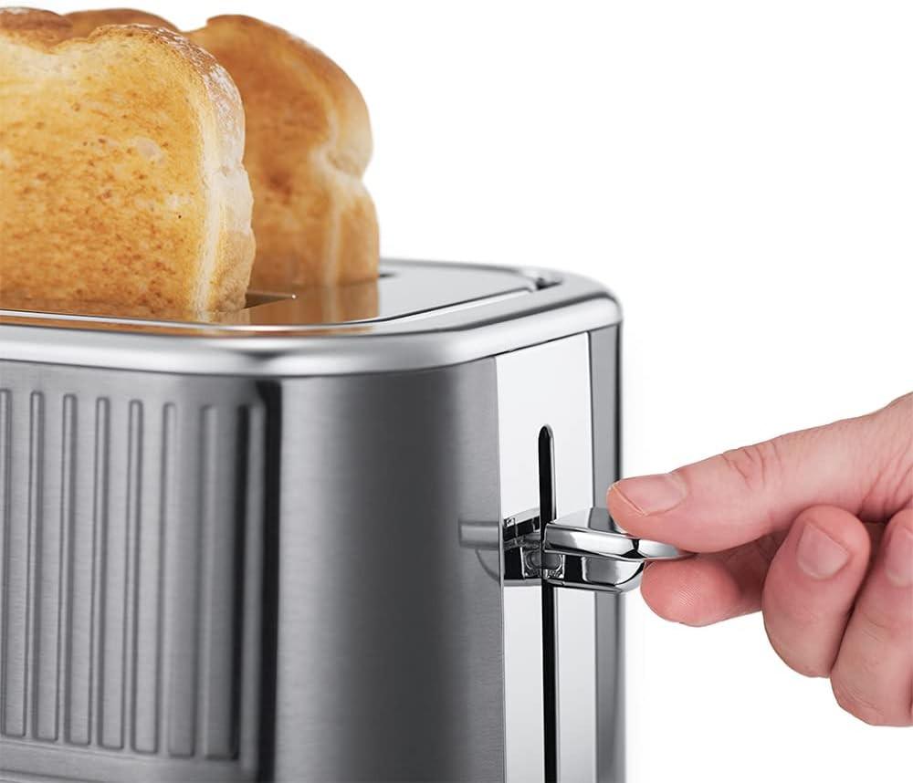 Grey toaster with side lever and open slots, Russell Hobbs Geo Steel 2-slice