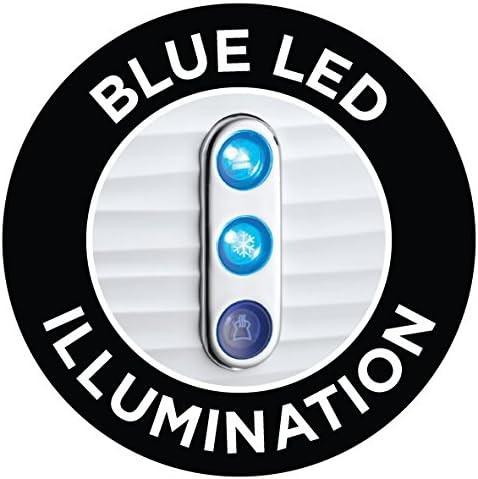 Blue LED illumination feature label showing glowing blue control panel on toaster