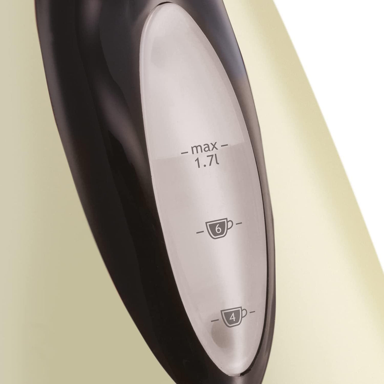 Cream kettle inner window with max 1.7L marking on stainless surface