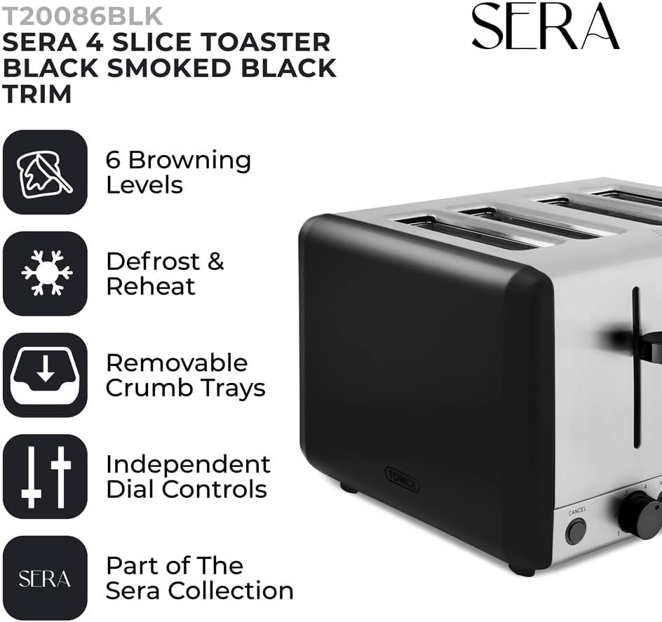 Tower Sera 4 Slice Toaster 6 Browning Levels T20086BLK (Black)