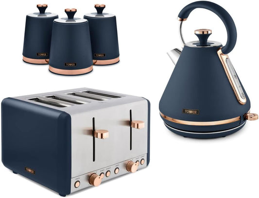 Tower Cavaletto Kettle, 4 Slice Toaster & Canisters Kitchen Set (Midnight Blue)