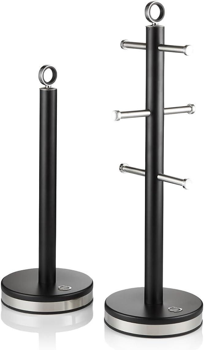 Black towel pole and mug tree kitchen set with three horizontal hooks and round bases