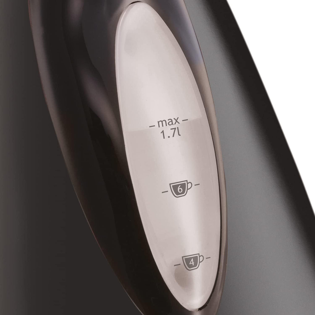 Black electric kettle with max level line and measurement markings on window