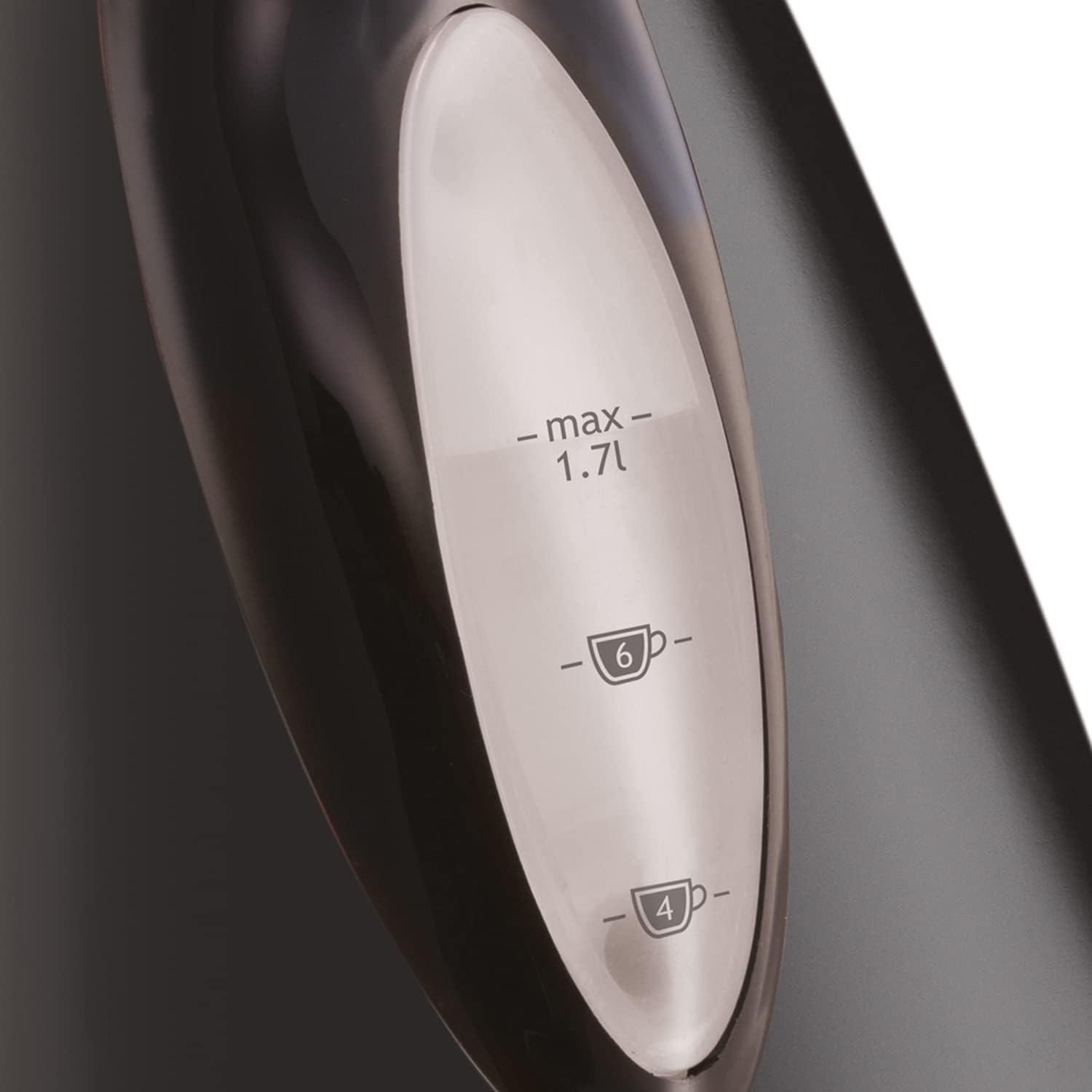 Black electric kettle with max level line and measurement markings on window