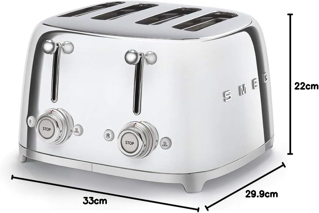 SMEG Silver 4 Slice Toaster Wide Slots Polished Stainless Steel TSF03SSUK