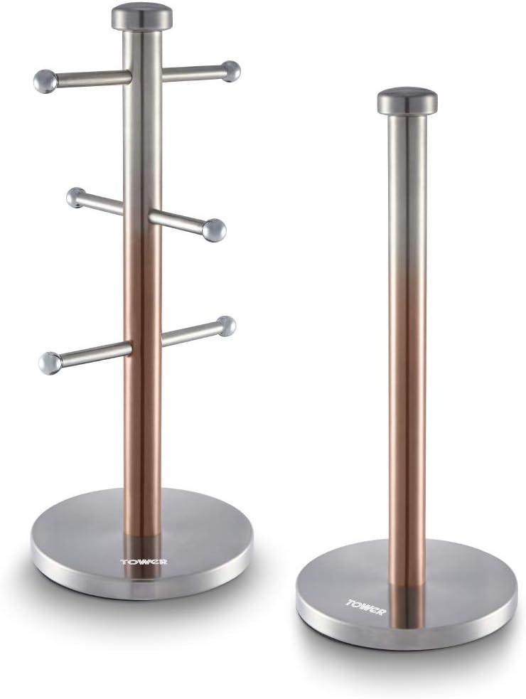 Pair of copper and stainless mug tree stands with round bases and side hooks