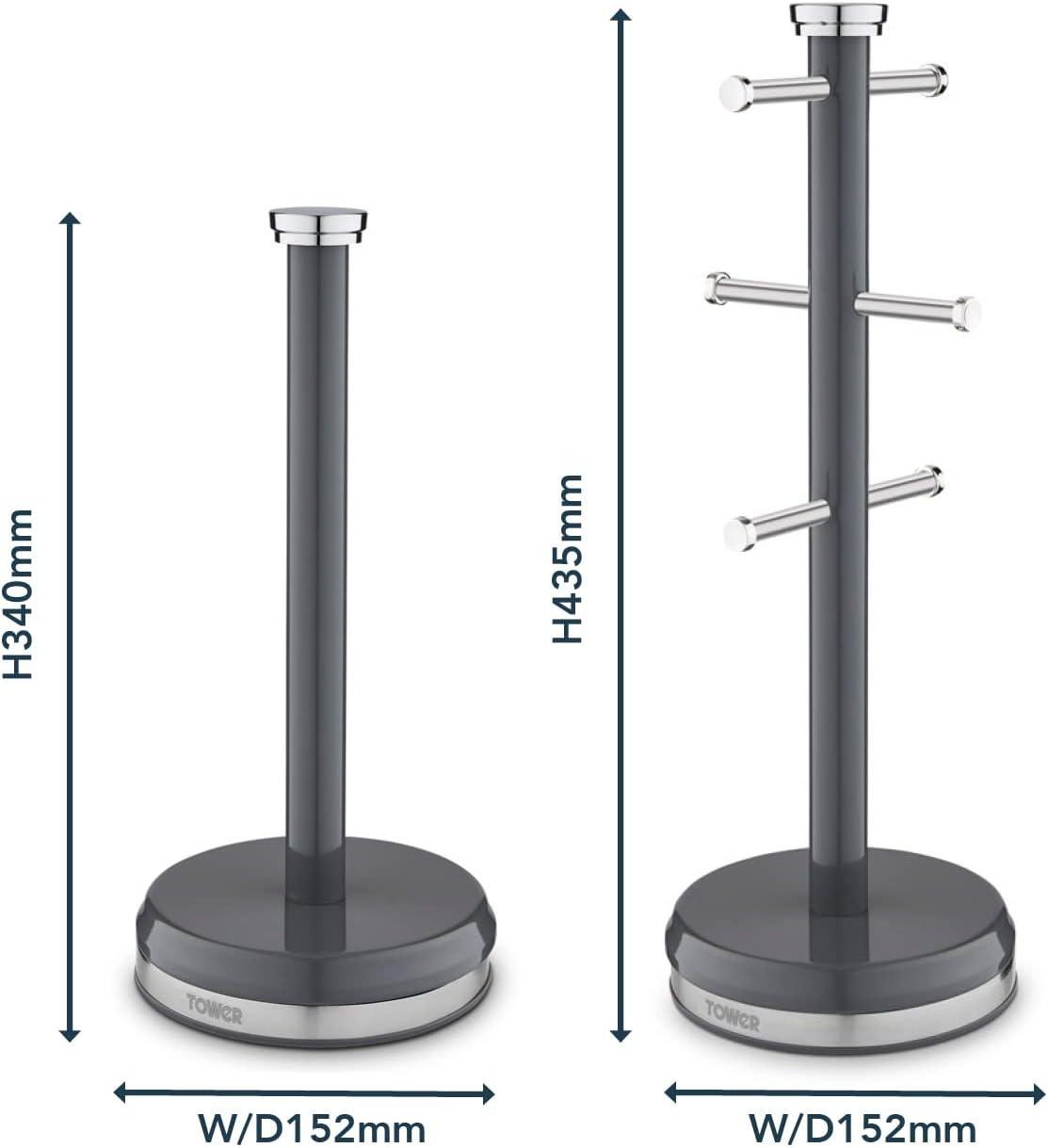 Graphite grey mug tree and towel pole set shown with height and base dimensions