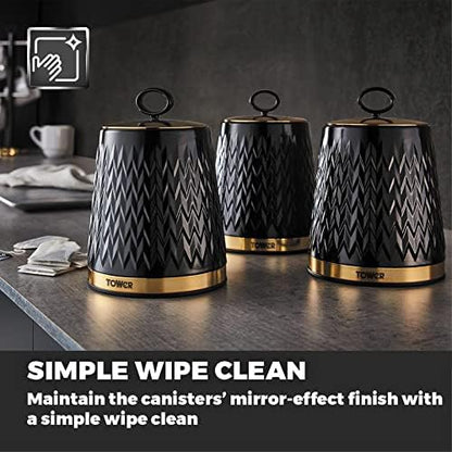 Tower Empire Bread Bin, Canisters, Mug Tree & Towel Pole Kitchen Set (Black)