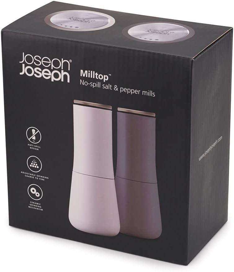 Joseph Joseph Milltop non-spill salt & pepper mills product box, two colors