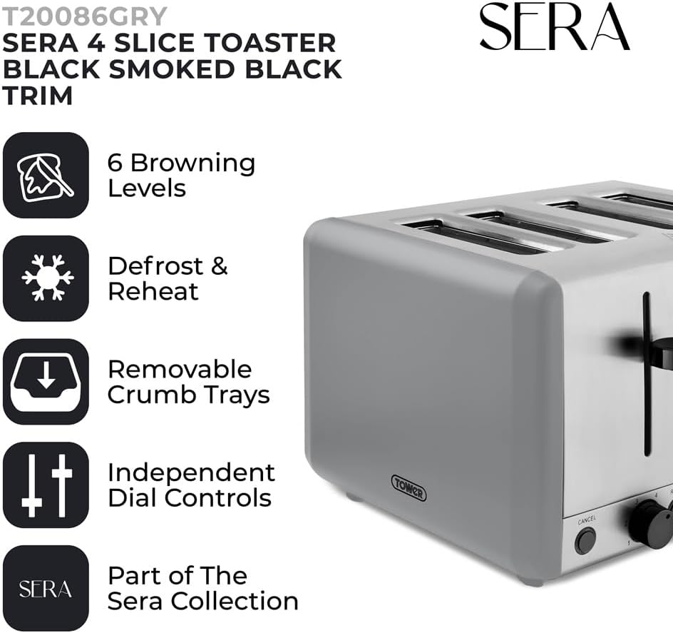 Tower Sera 4 Slice Toaster 6 Browning Levels T20086GRY (Grey)