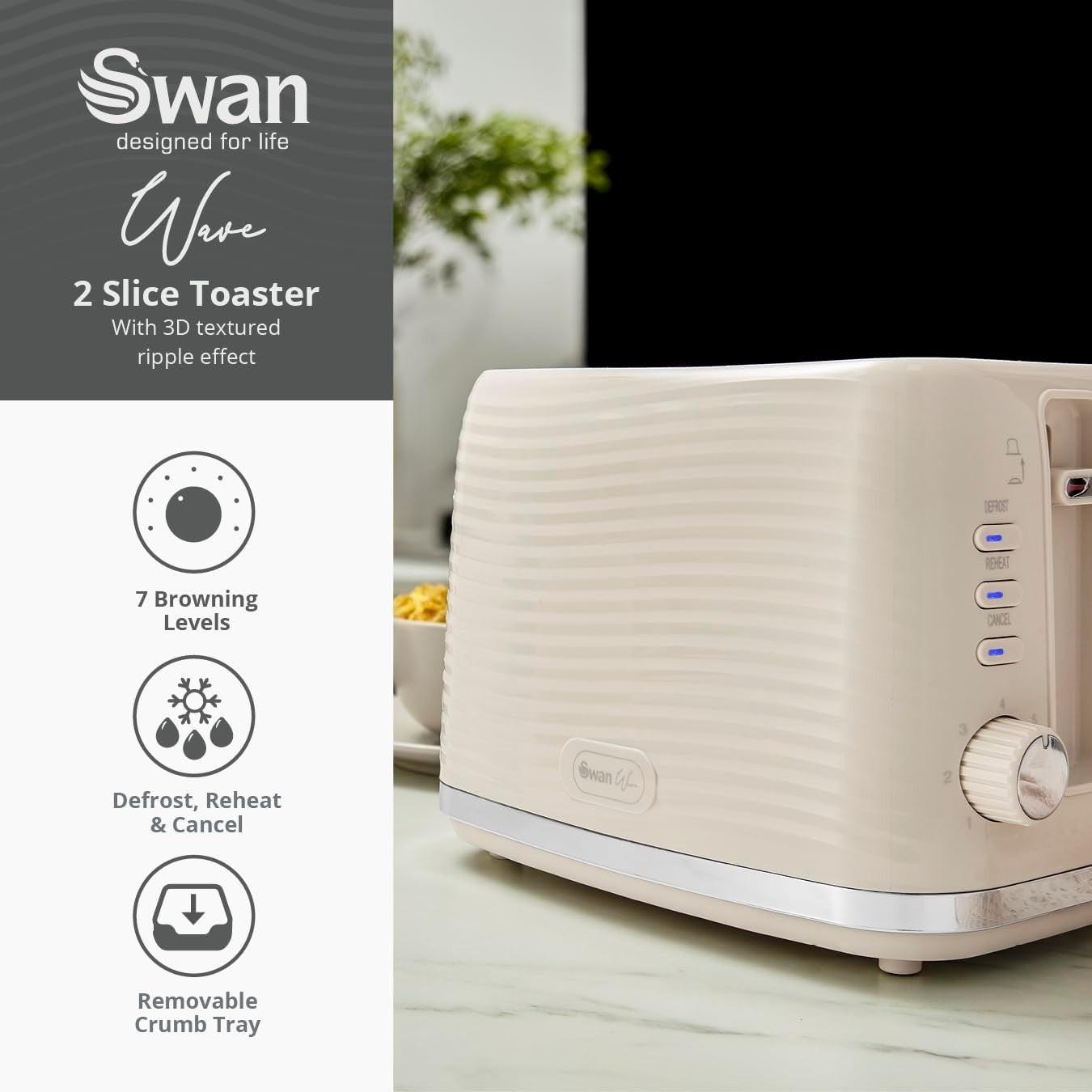 Swan Wave Kettle & 2 Slice Toaster Kitchen Set (Cream) - Vibe Home