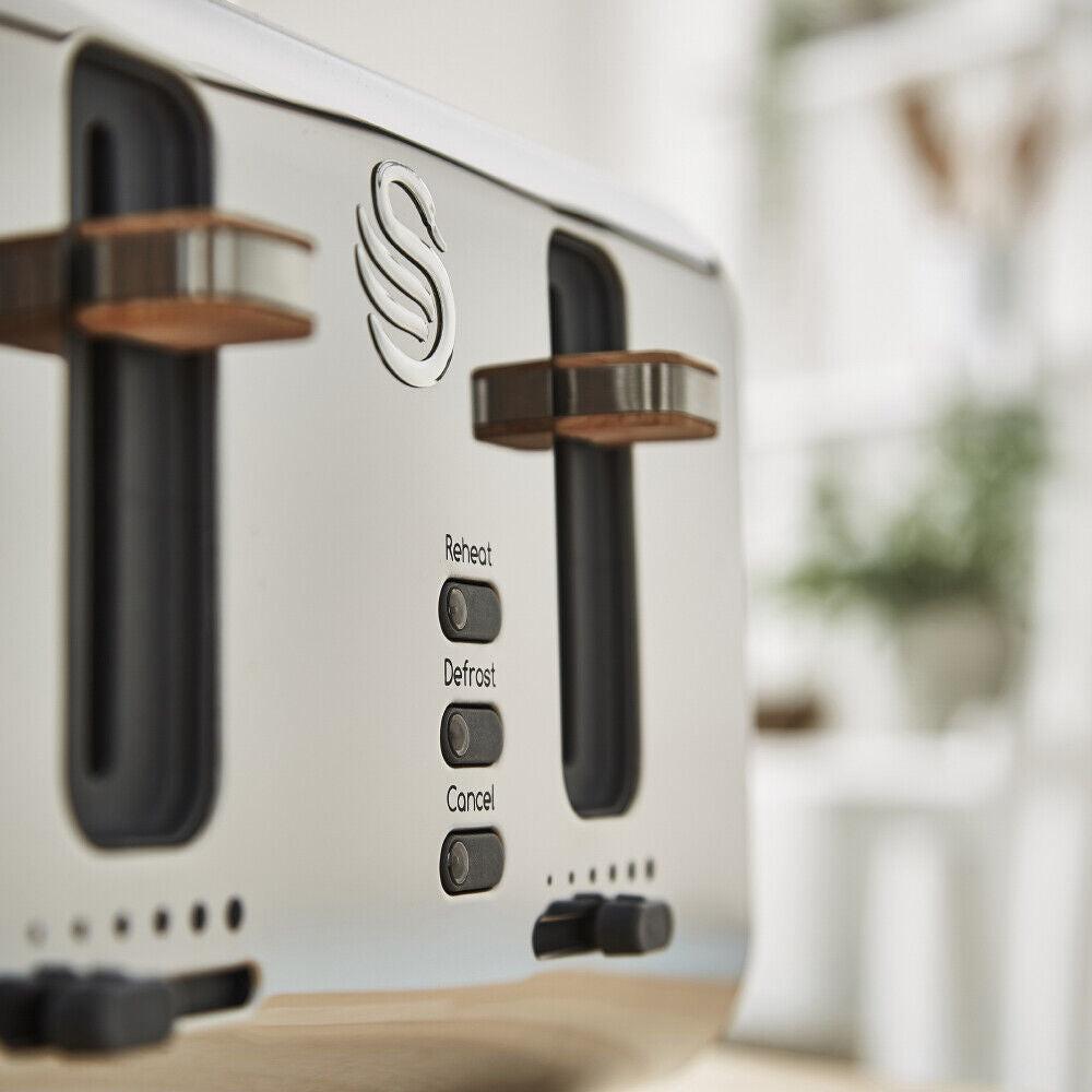 Swan Nordic Kettle, 4 Slice Toaster, Bread Bin, Canisters Kitchen Set (White) - Vibe Home