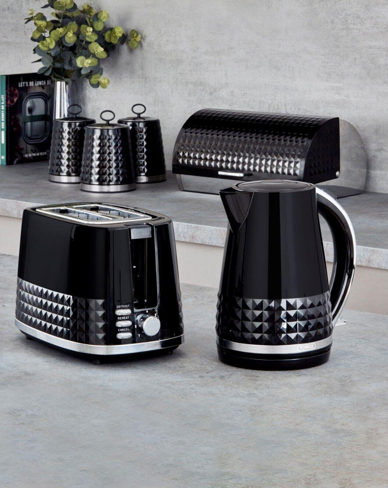 Tower Solitaire Kettle, 2 Slice Toaster, Bread Bin & Canisters Kitchen Set (Black) - Vibe Home