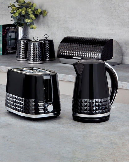 Tower Solitaire Kettle, 2 Slice Toaster, Bread Bin & Canisters Kitchen Set (Black) - Vibe Home