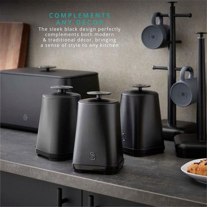 Swan Stealth Bread Bin & Canisters Kitchen Storage Set (Matt Black) - Vibe Home