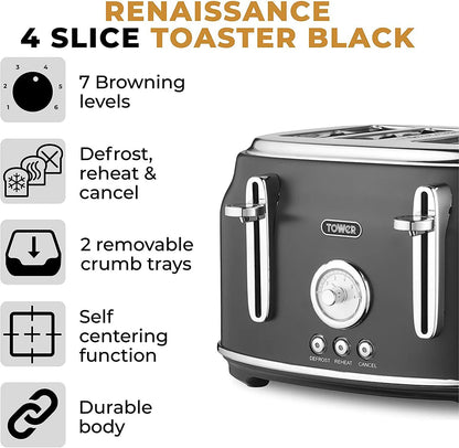 Tower Renaissance Kettle, 4 Slice Toaster & Canisters Kitchen Set (Black)