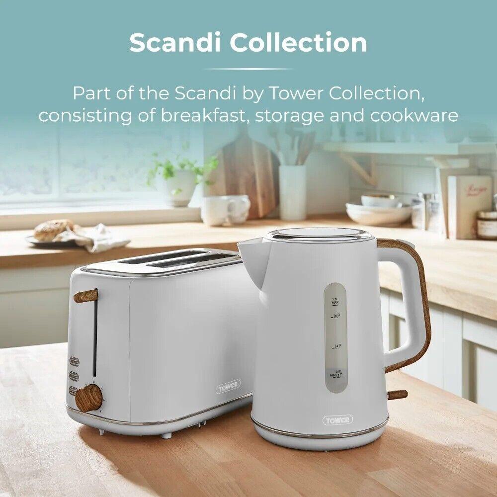 Tower Scandi Kettle, 2 Slice Toaster, Bread Bin, Canisters & Biscuit Barrel Kitchen Set (Dove Grey) - Vibe Home