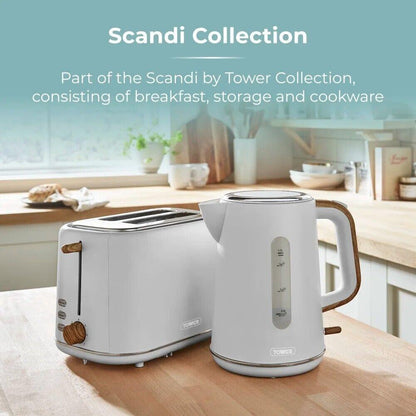 Tower Scandi Kettle, 2 Slice Toaster, Bread Bin, Canisters & Biscuit Barrel Kitchen Set (Dove Grey) - Vibe Home