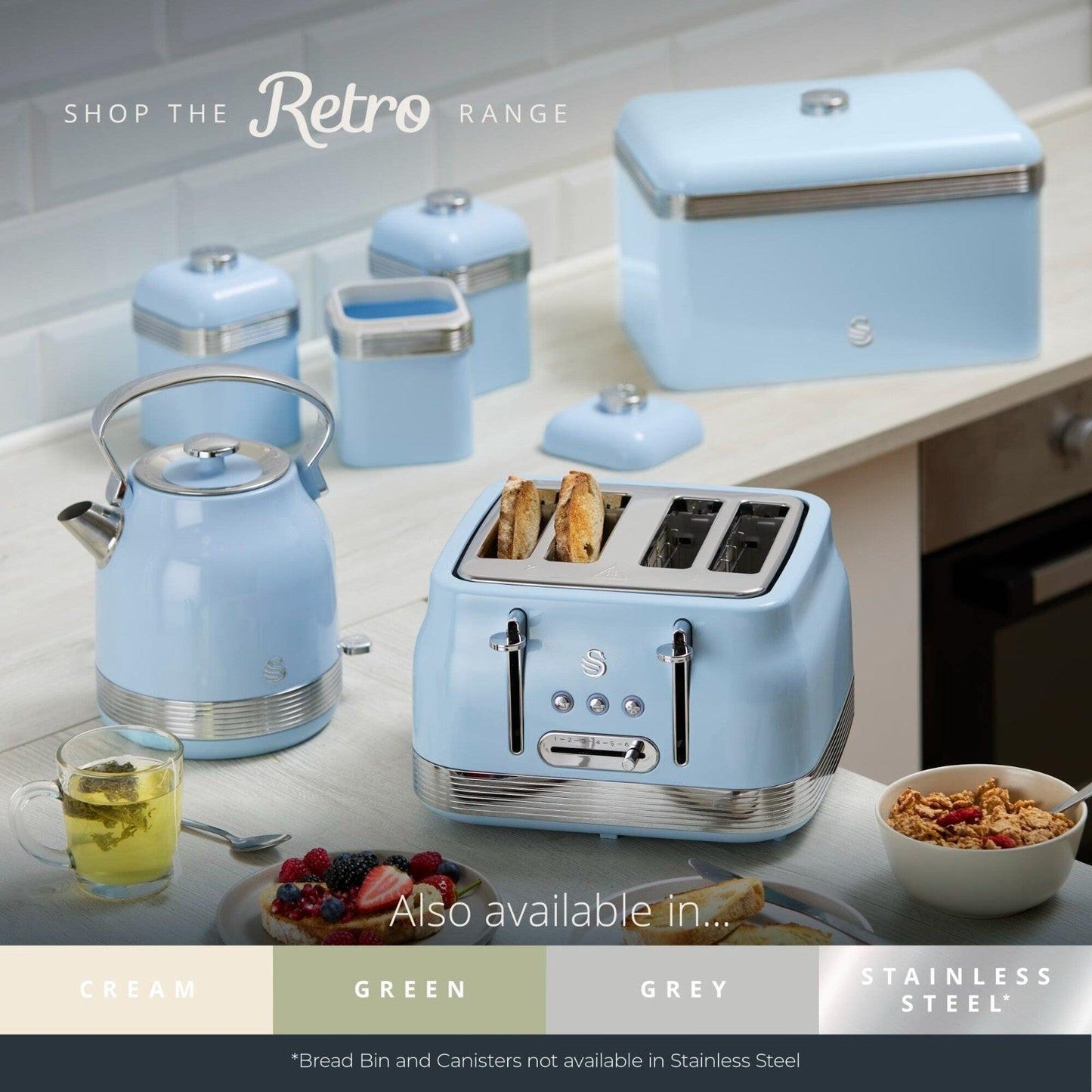 Swan Retro Pyramid Kettle & 4 Slice Toaster Kitchen Set (Blue) - Vibe Home