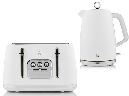 Swan Serenity Kettle & 4 Slice Toaster Kitchen Set (White) - Vibe Home