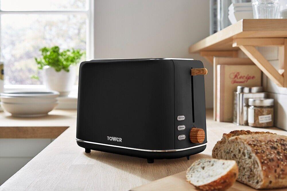Tower Scandi Kettle & 2 Slice Toaster Kitchen Set (Black) - Vibe Home