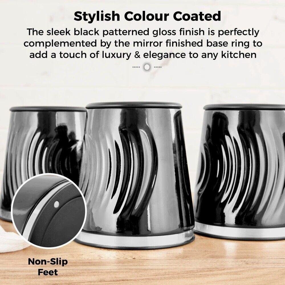 Tower Sonar Kettle, 2 Slice Toaster, Bread Bin & Canisters Kitchen Set (Black) - Vibe Home