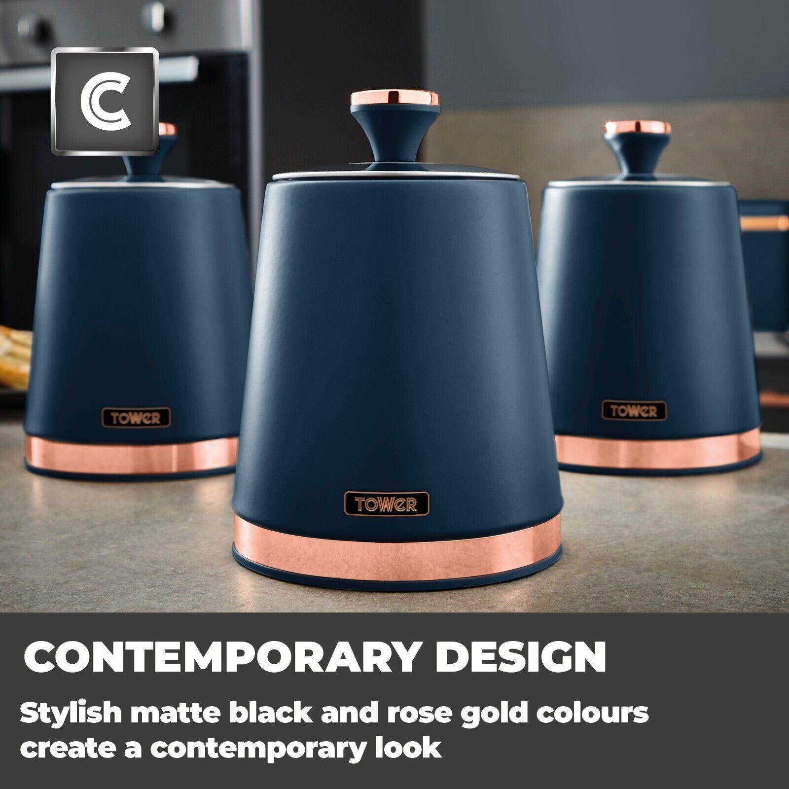 Tower Cavaletto Pyramid Kettle, 4 Slice Toaster & Canister Kitchen Set (Midnight Blue) - Vibe Home