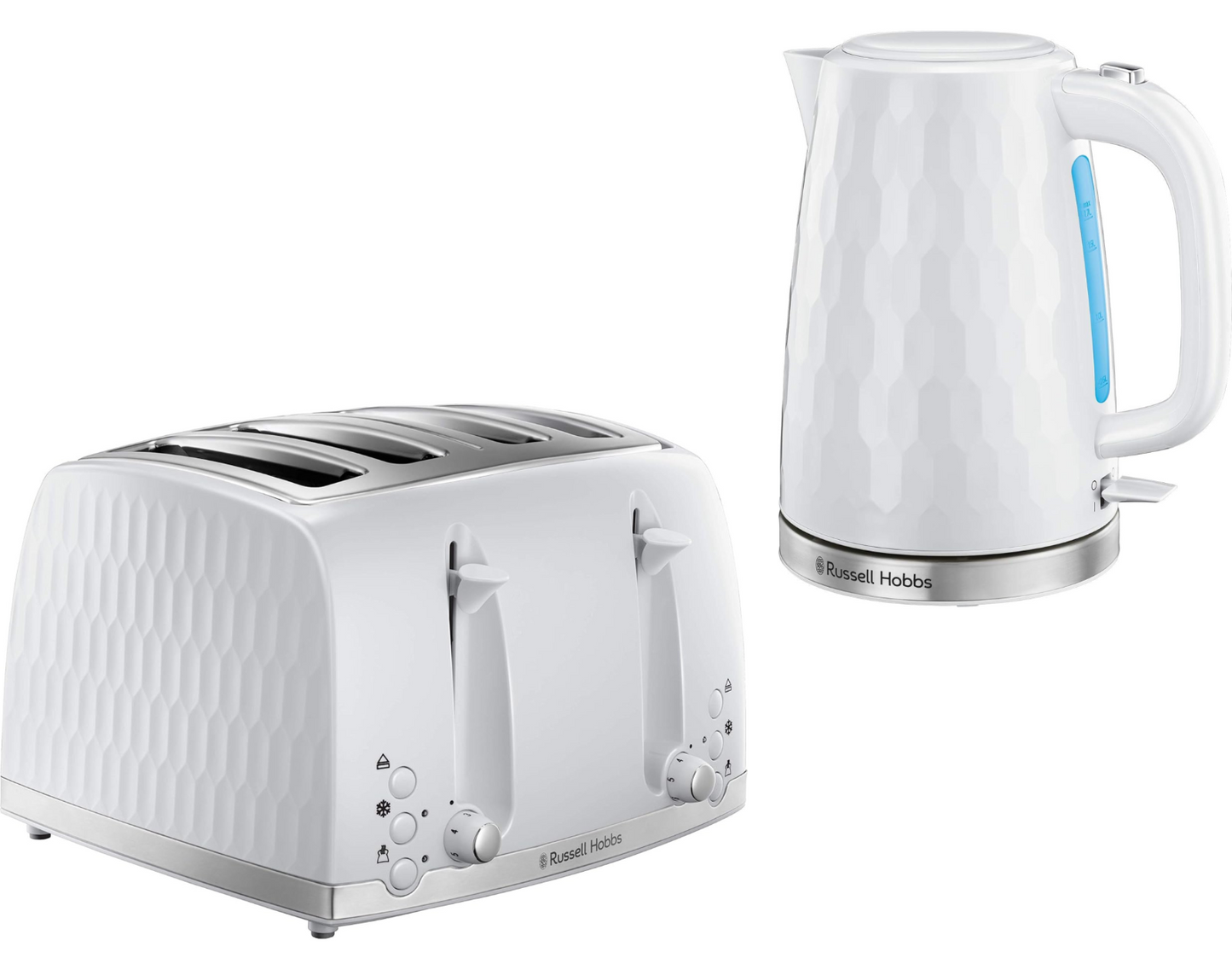 Russell Hobbs Honeycomb Kettle & 4 Slice Toaster Kitchen Set (White) - Vibe Home