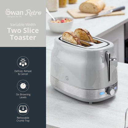 Swan Retro Pyramid Kettle, 2 Slice Toaster & Canisters Kitchen Set (Grey) - Vibe Home