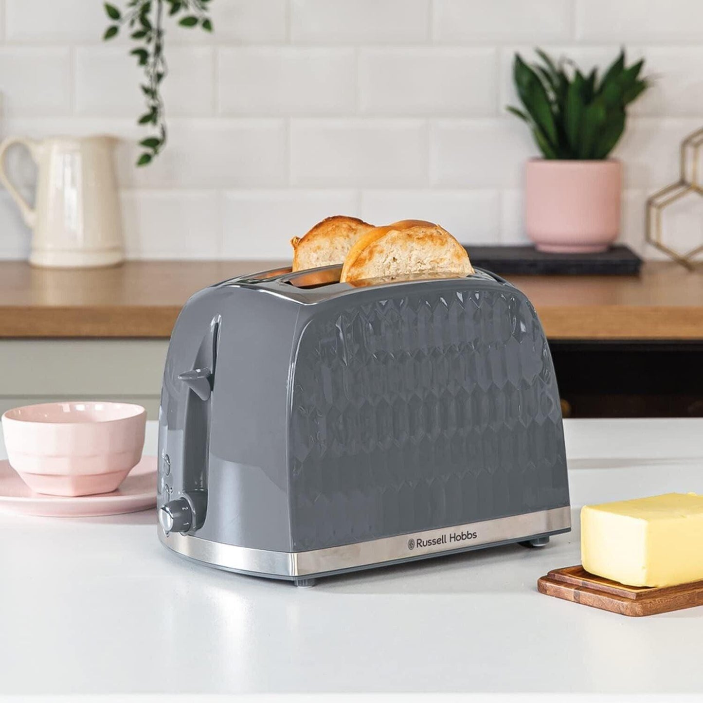 Russell Hobbs Honeycomb Kettle & 2 Slice Toaster Kitchen Set (Grey) - Vibe Home