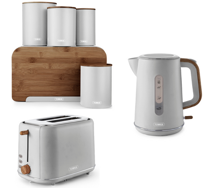 Tower Scandi Kettle, 2 Slice Toaster, Bread Bin, Canisters & Biscuit Barrel Kitchen Set (Dove Grey) - Vibe Home