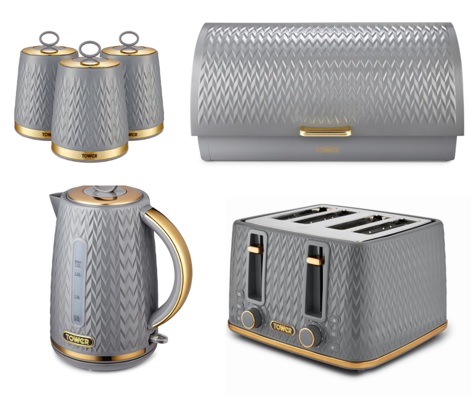 Tower Empire Kettle, 4 Slice Toaster, Bread Bin, Canisters Kitchen Set (Grey) - Vibe Home