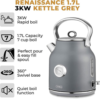 Tower Renaissance Kettle, 4 Slice Toaster, Bread Bin, Canisters Kitchen Set (Grey) - Vibe Home