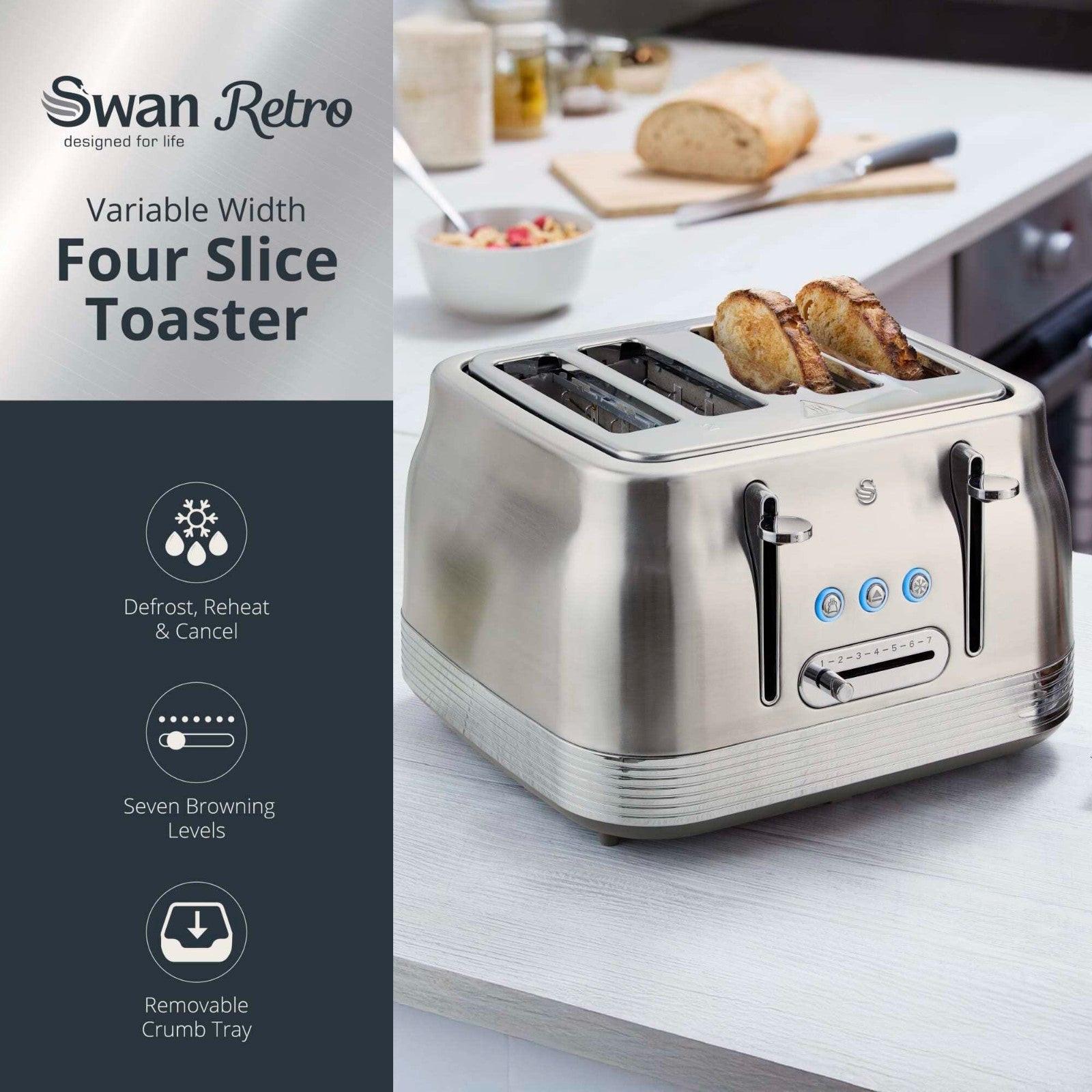 Swan Retro Pyramid Kettle & 4 Slice Toaster Kitchen Set (Stainless Steel) - Vibe Home