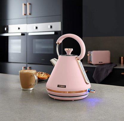 Tower Cavaletto Pyramid Kettle, 4 Slice Toaster & Canister Kitchen Set (Pink) - Vibe Home