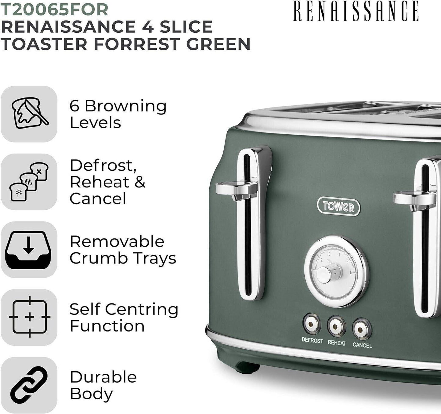 Tower Renaissance Kettle & 4 Slice Toaster Kitchen Set (Forest Green) - Vibe Home