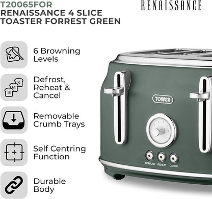 Tower Renaissance Kettle & 4 Slice Toaster Kitchen Set (Forest Green) - Vibe Home