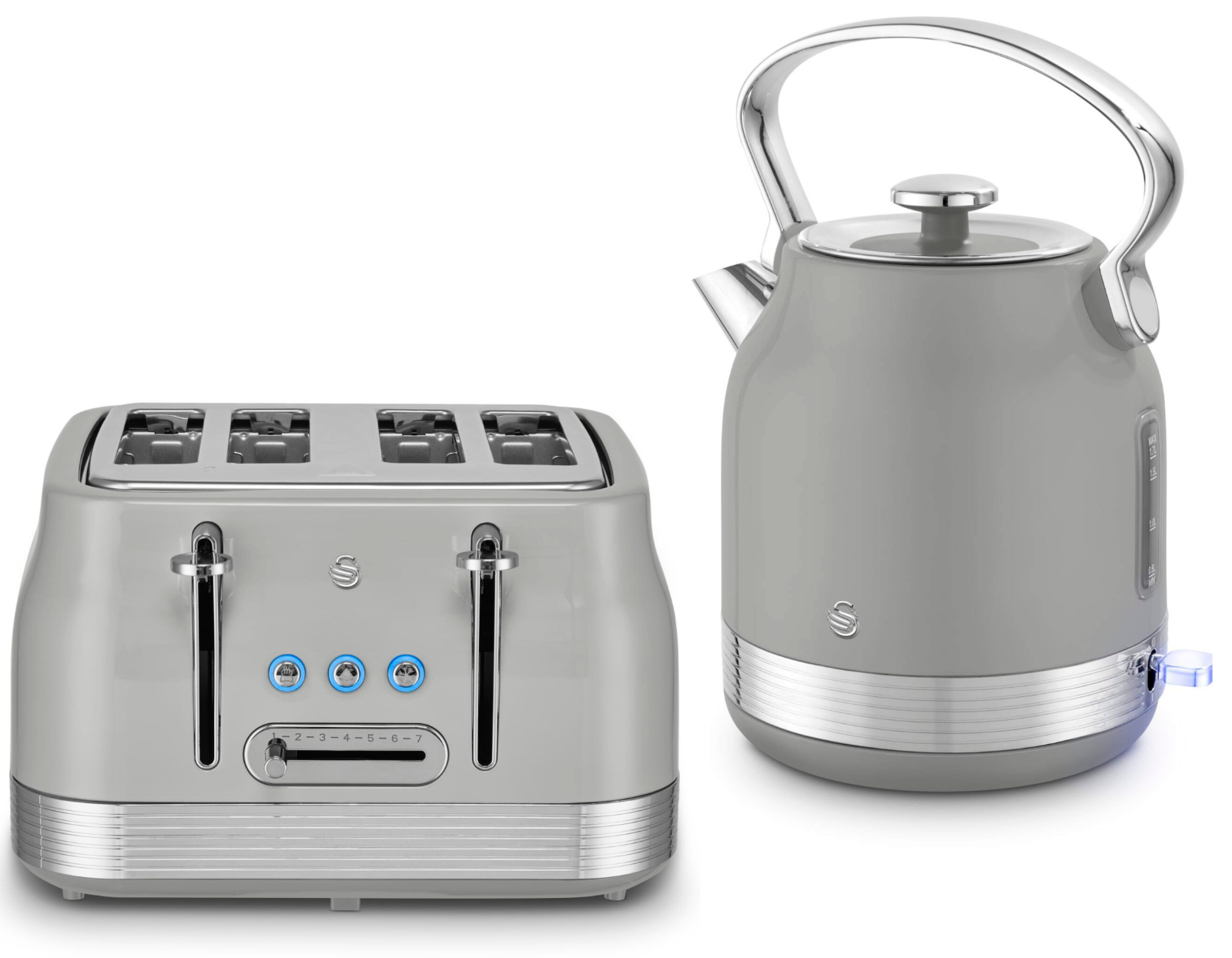 Swan Retro Pyramid Kettle & 4 Slice Toaster Kitchen Set (Grey) - Vibe Home